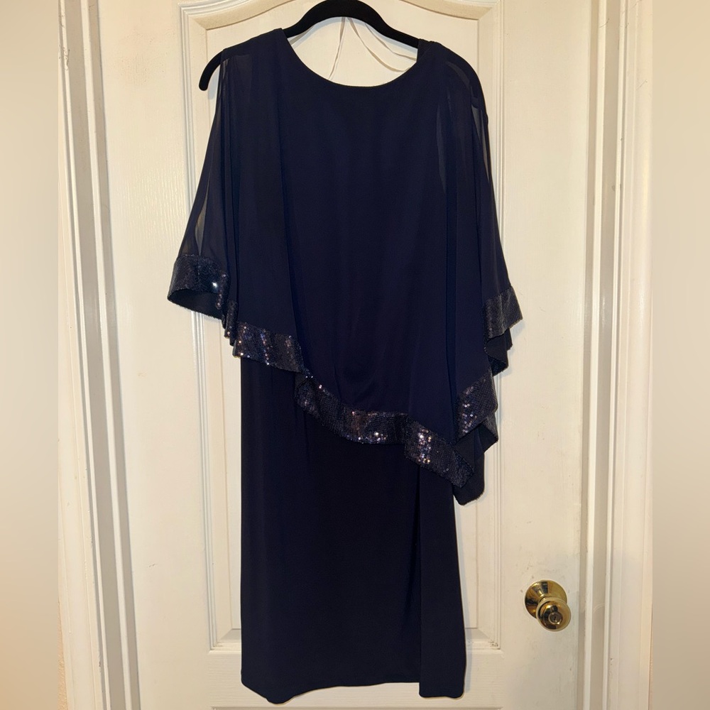 Elegant Blue Asymmetrical Gown with 3/4 Flutter Sleeves EUC